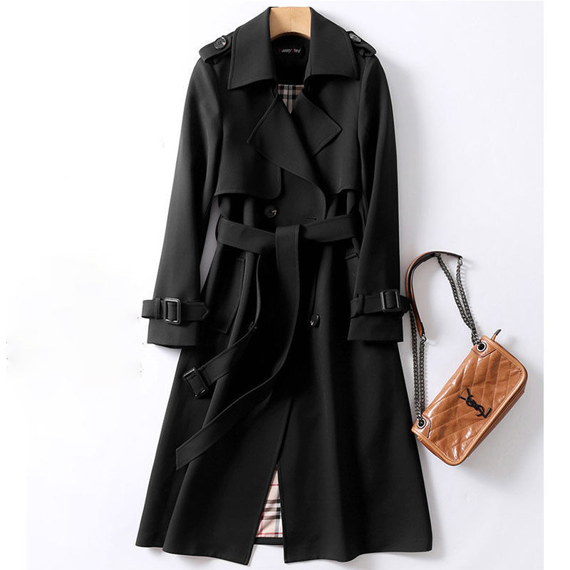 Damen Trenchcoat Herbst Zweireihiger Revers Langer Mantel mit Gürtel
