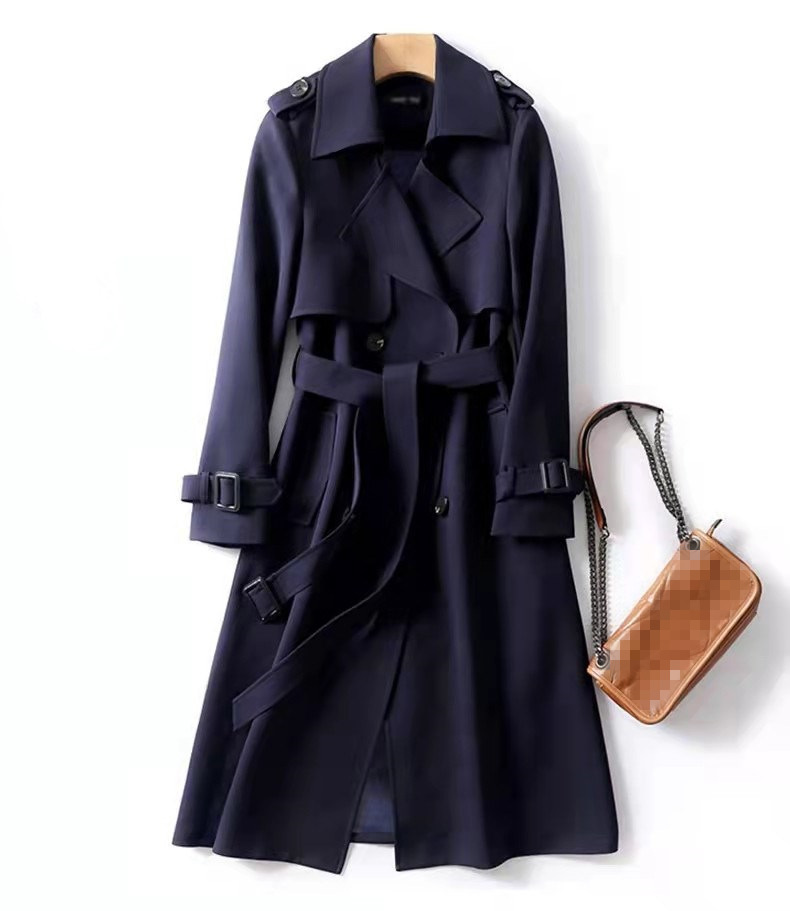 Damen Trenchcoat Herbst Zweireihiger Revers Langer Mantel mit Gürtel