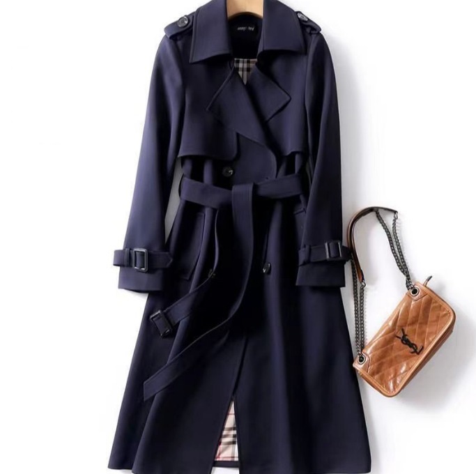 Damen Trenchcoat Herbst Zweireihiger Revers Langer Mantel mit Gürtel