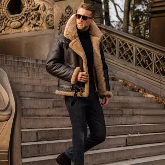 🎁Weihnachten heißer Verkauf🎁 Herren RAF Aviator Echtlederjacke Mantel Bomber B3 Schafspelz Pilot Fliegen