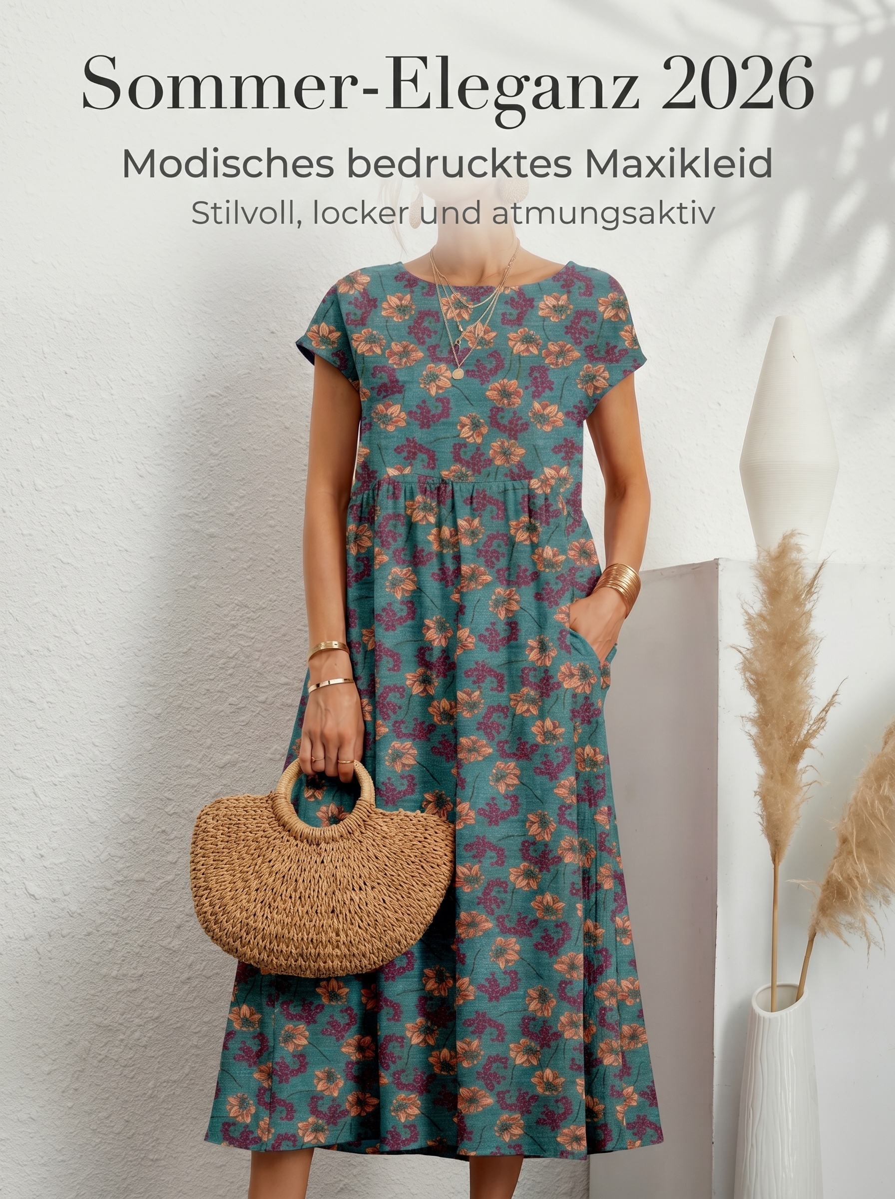 2026 Neues modisches, locker sitzendes, ärmelloses Sommerkleid aus Baumwolle mit Rundhalsausschnitt und Print für Damen