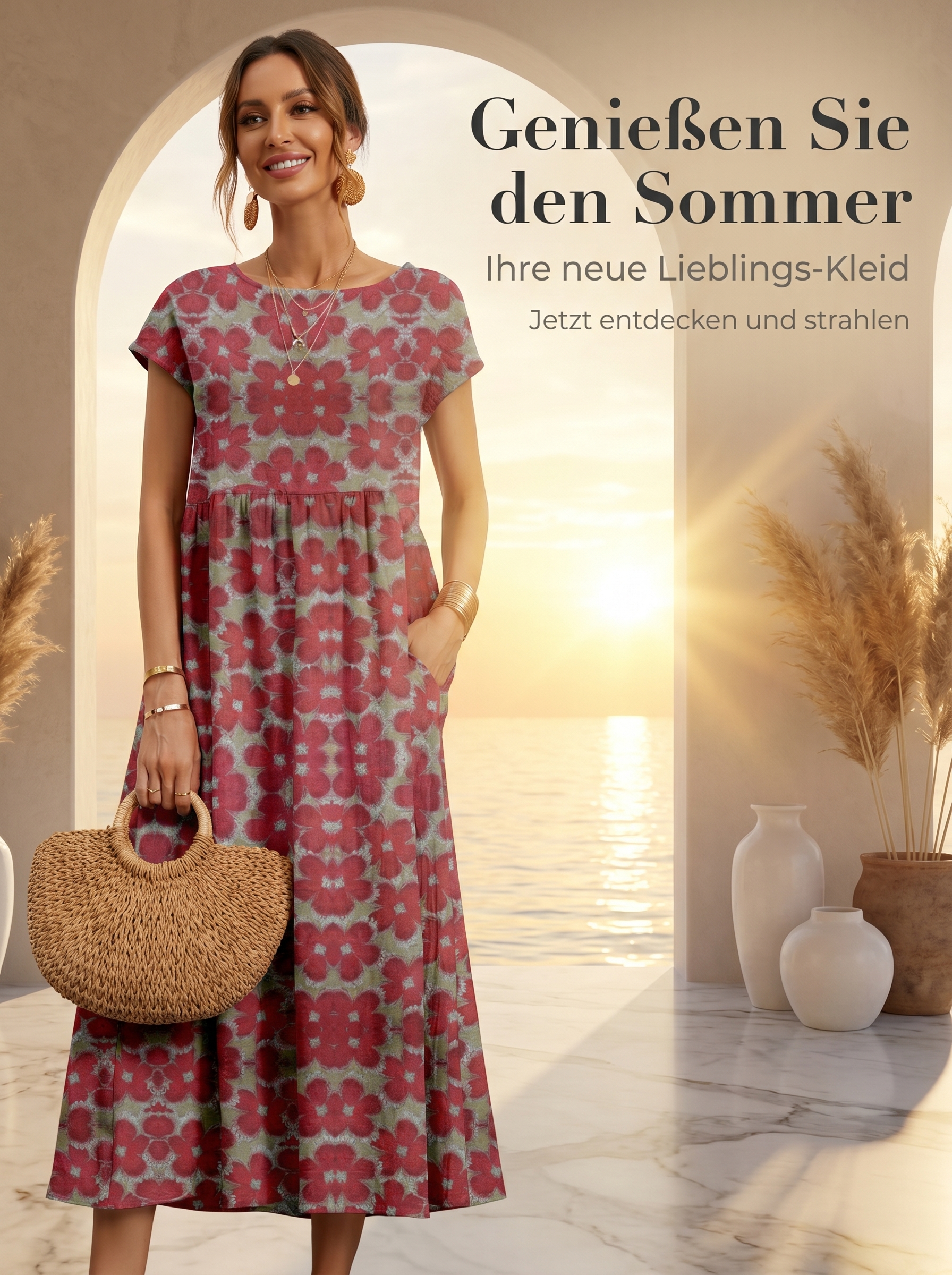 2026 Neues modisches, locker sitzendes, ärmelloses Sommerkleid aus Baumwolle mit Rundhalsausschnitt und Print für Damen