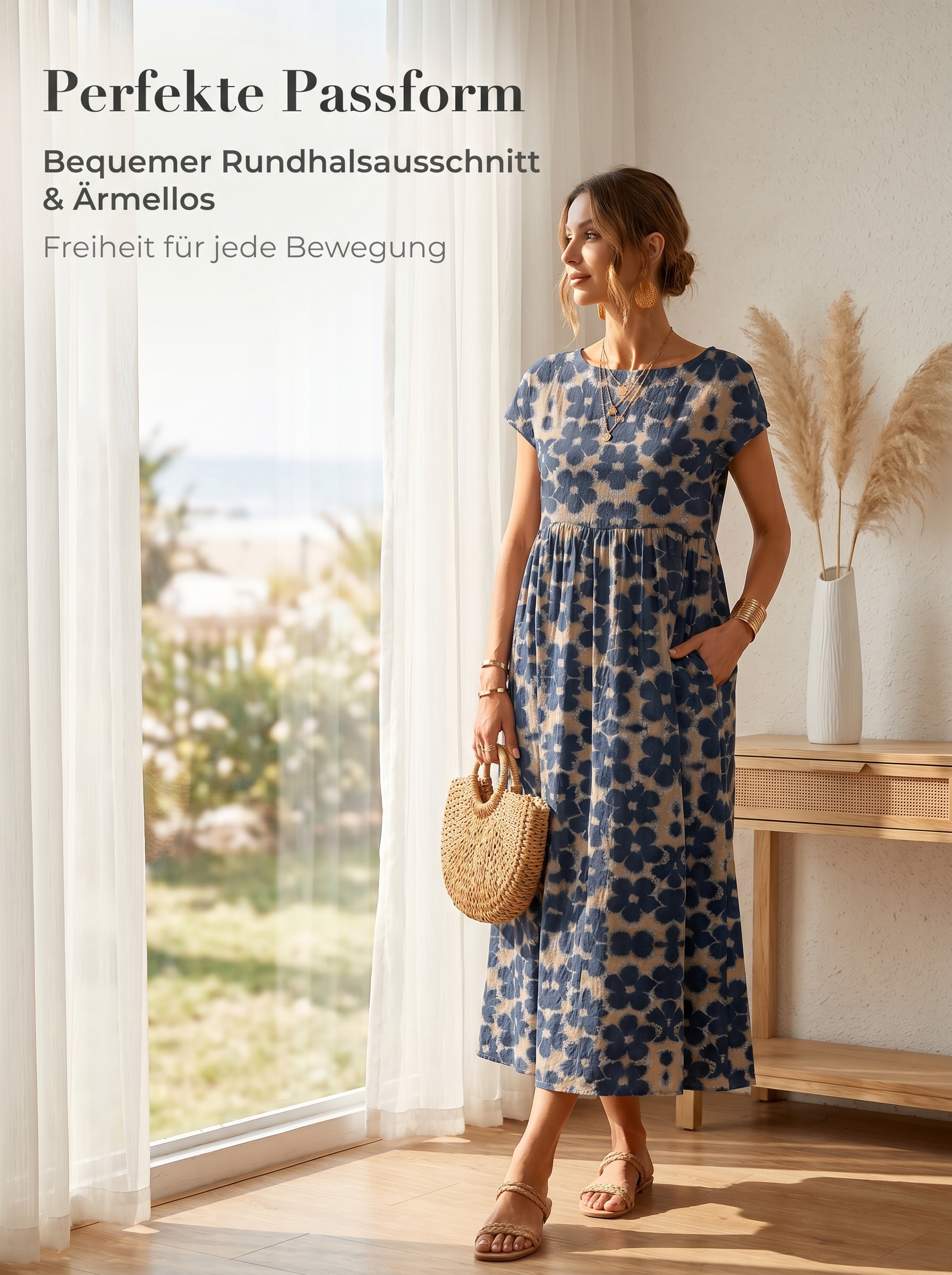 2026 Neues modisches, locker sitzendes, ärmelloses Sommerkleid aus Baumwolle mit Rundhalsausschnitt und Print für Damen