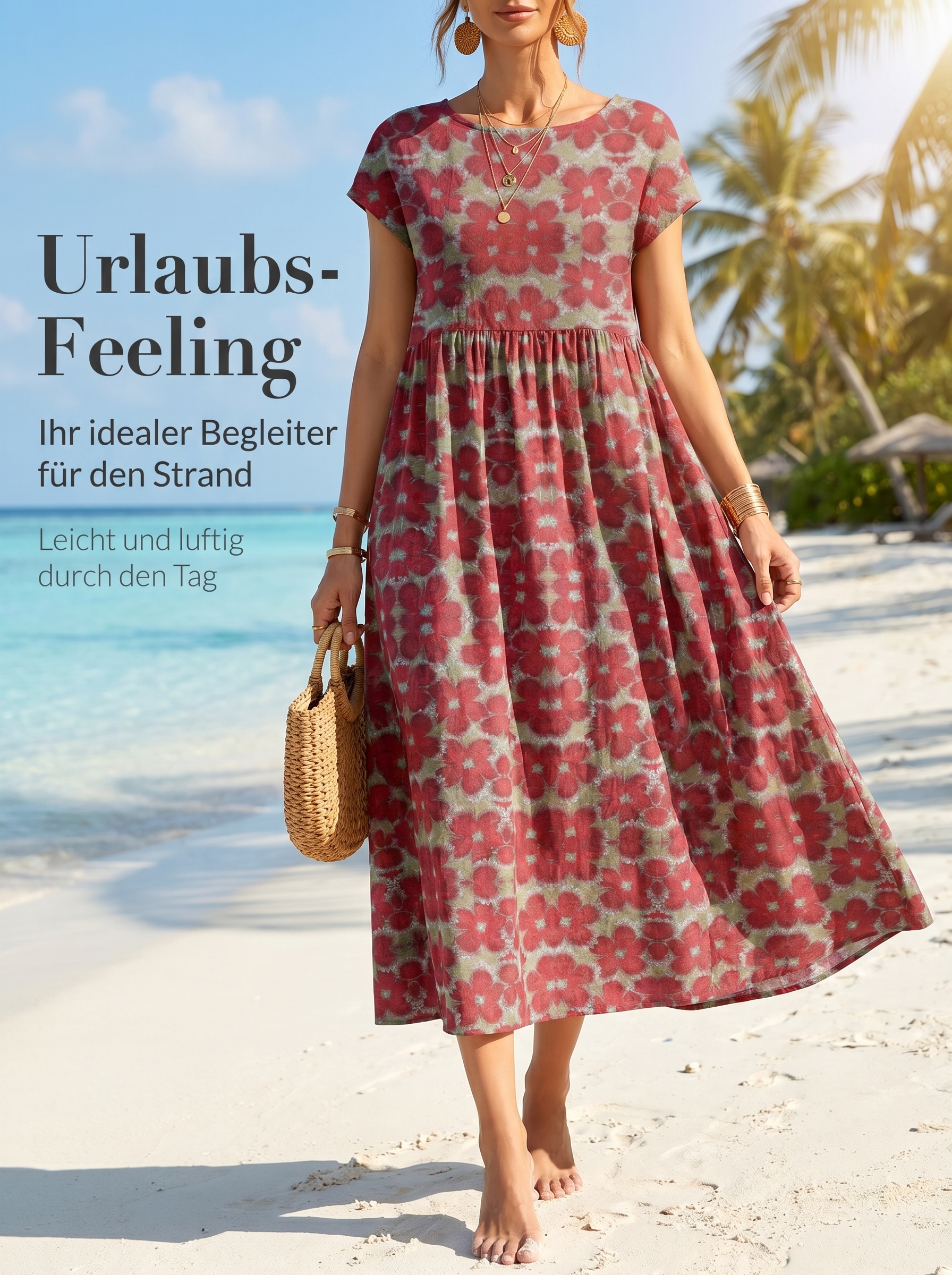 2026 Neues modisches, locker sitzendes, ärmelloses Sommerkleid aus Baumwolle mit Rundhalsausschnitt und Print für Damen