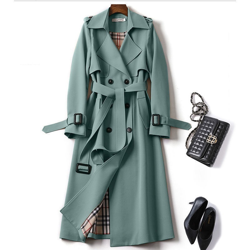 Damen Trenchcoat Herbst Zweireihiger Revers Langer Mantel mit Gürtel