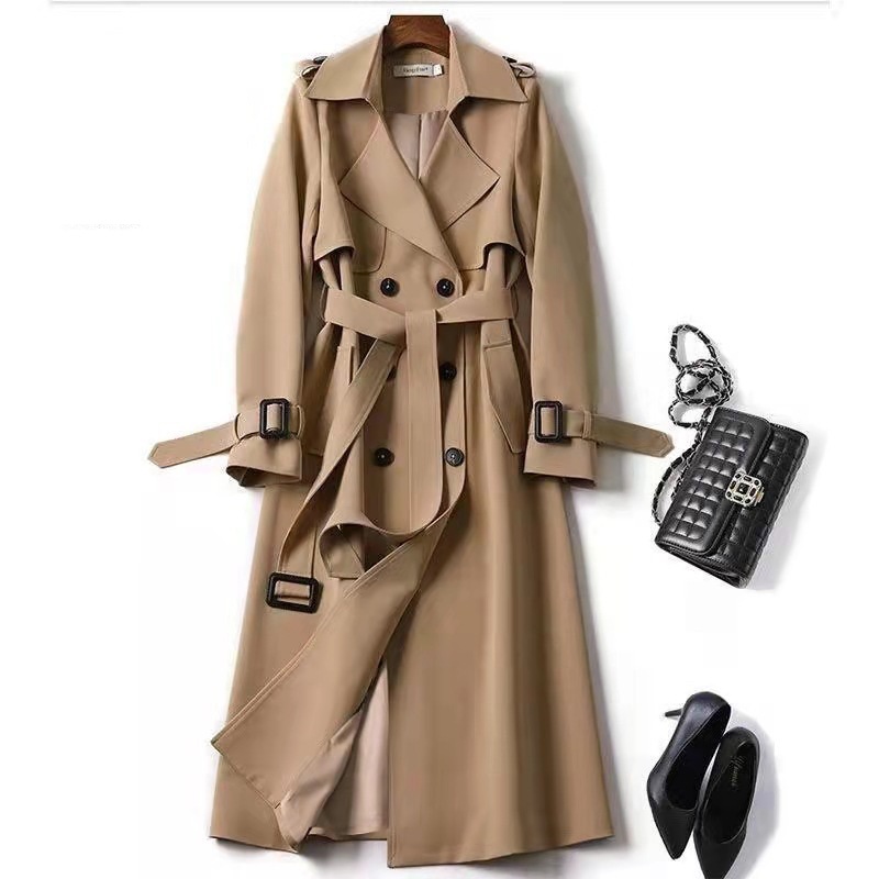 Damen Trenchcoat Herbst Zweireihiger Revers Langer Mantel mit Gürtel