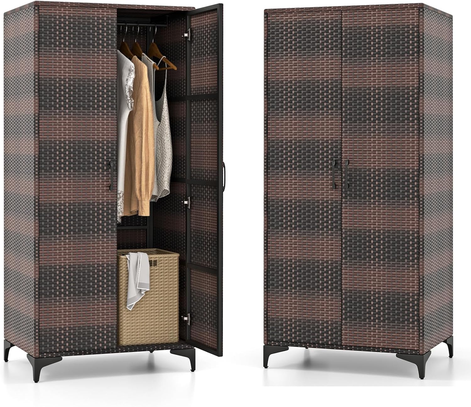 KOMFOTTEU Armoire d’Extérieur Rotin 72x50x157 cm Marron Mélangé 5 Étagères 1 Tringle Double Portes Anti-basculement-Luxemybase