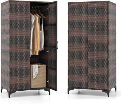 KOMFOTTEU Armoire d’Extérieur Rotin 72x50x157 cm Marron Mélangé 5 Étagères 1 Tringle Double Portes Anti-basculement-Luxemybase