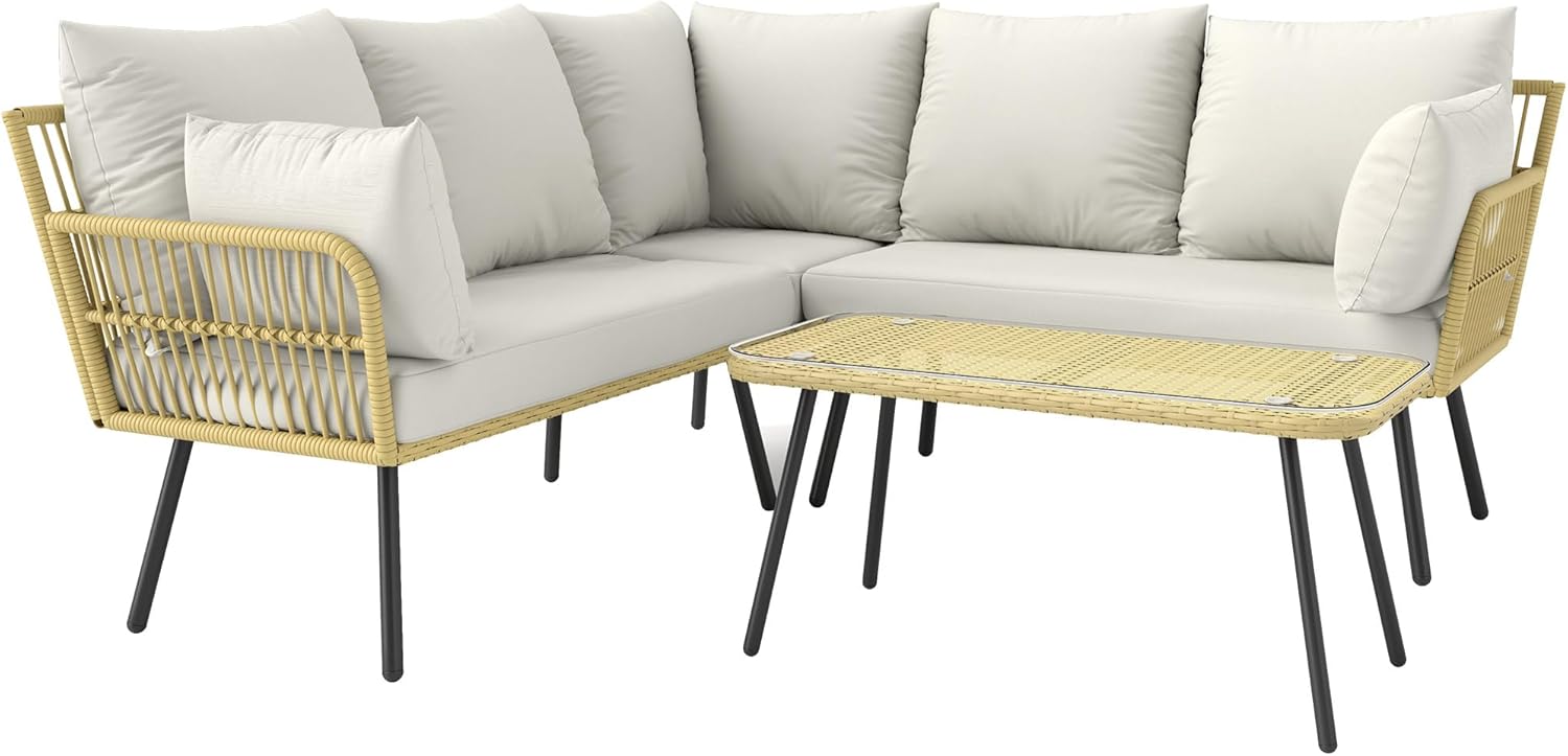 Outsunny Salon de Jardin d’Angle 5 Places en Résine Tressée Crème – Ensemble Bohème avec Table Basse Rectangulaire et Coussins, 112 x 63 x 74 cm, 38 kg, Style Contemporain-Luxemybase