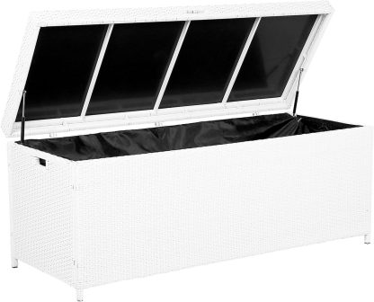 Beliani Coffre de Rangement Extérieur 158 x 63 x 66 cm en Polyrotin Blanc avec Cadre en Aluminium Durable et Décoratif pour Accessoires de Jardin et Coussins-Luxemybase