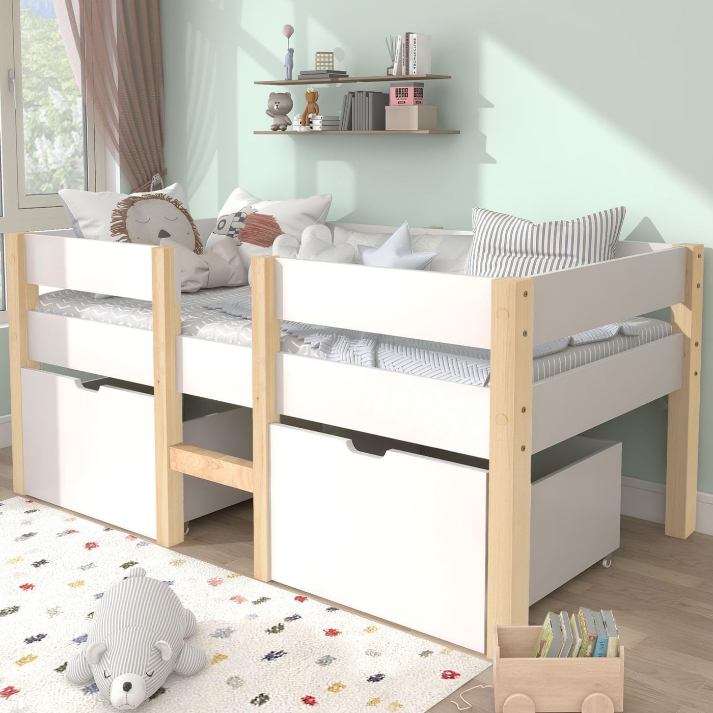 Sweiko Lit Enfant 90 x 200 cm Blanc avec 2 Tiroirs de Rangement, Cadre de Lit Moderne en Bois avec Barrière de Sécurité, Structure Polyvalente-Luxemybase