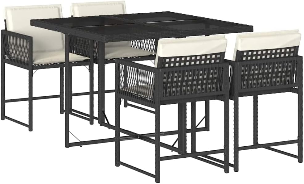vidaXL Ensemble à Manger de Jardin 5 Pièces Noir et Crème – Table et Chaises en Résine Tressée avec Dossier Rabattable et Coussins, 49,6 kg, Style Moderne, Assemblage Requis-Luxemybase