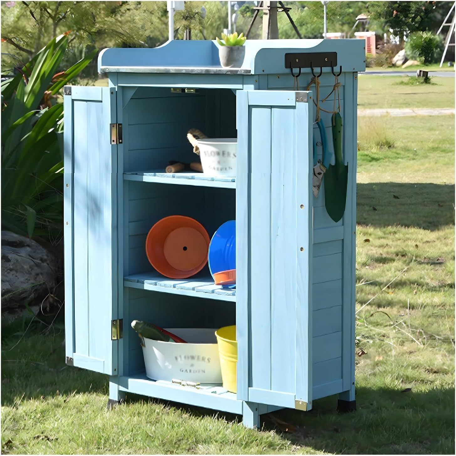 JETXYHUB Armoire de Rangement Extérieur 50x43x95 cm Bois Bleu 2 Portes Table de Travail Jardin-Luxemybase