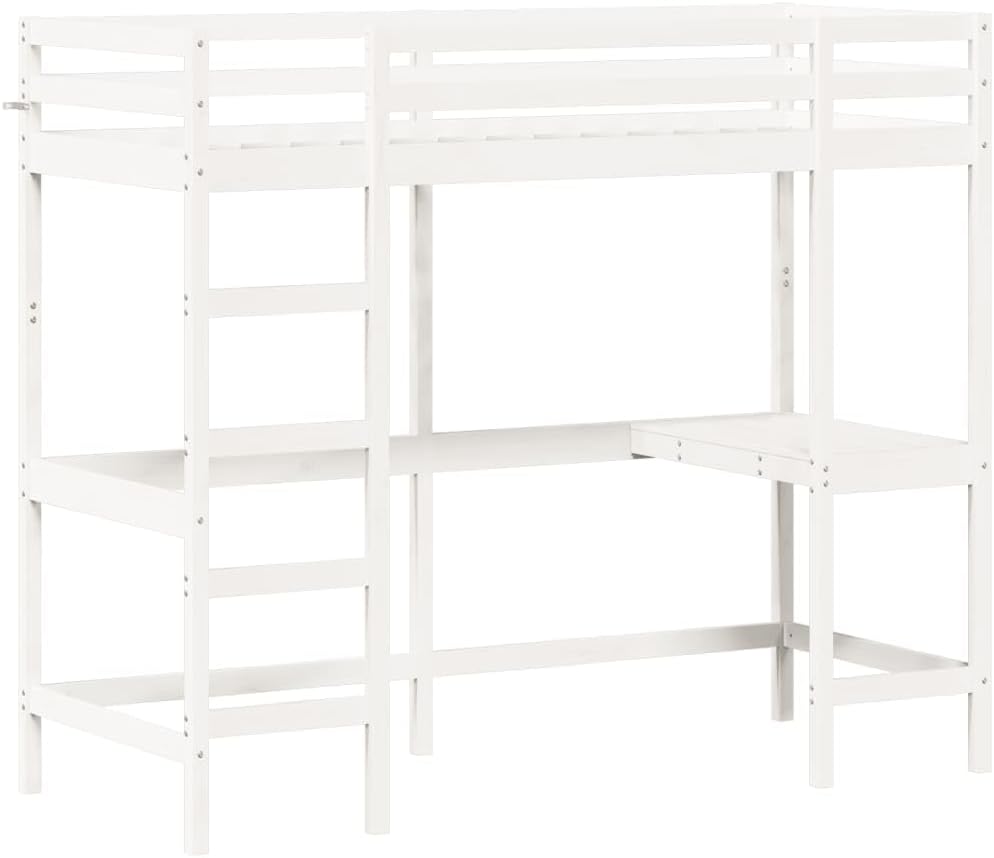 vidaXL Lit Superposé Mezzanine 80 x 200 cm Blanc en Bois de Pin Massif avec Bureau Intégré et Sommier à Lattes, Style Moderne-Luxemybase