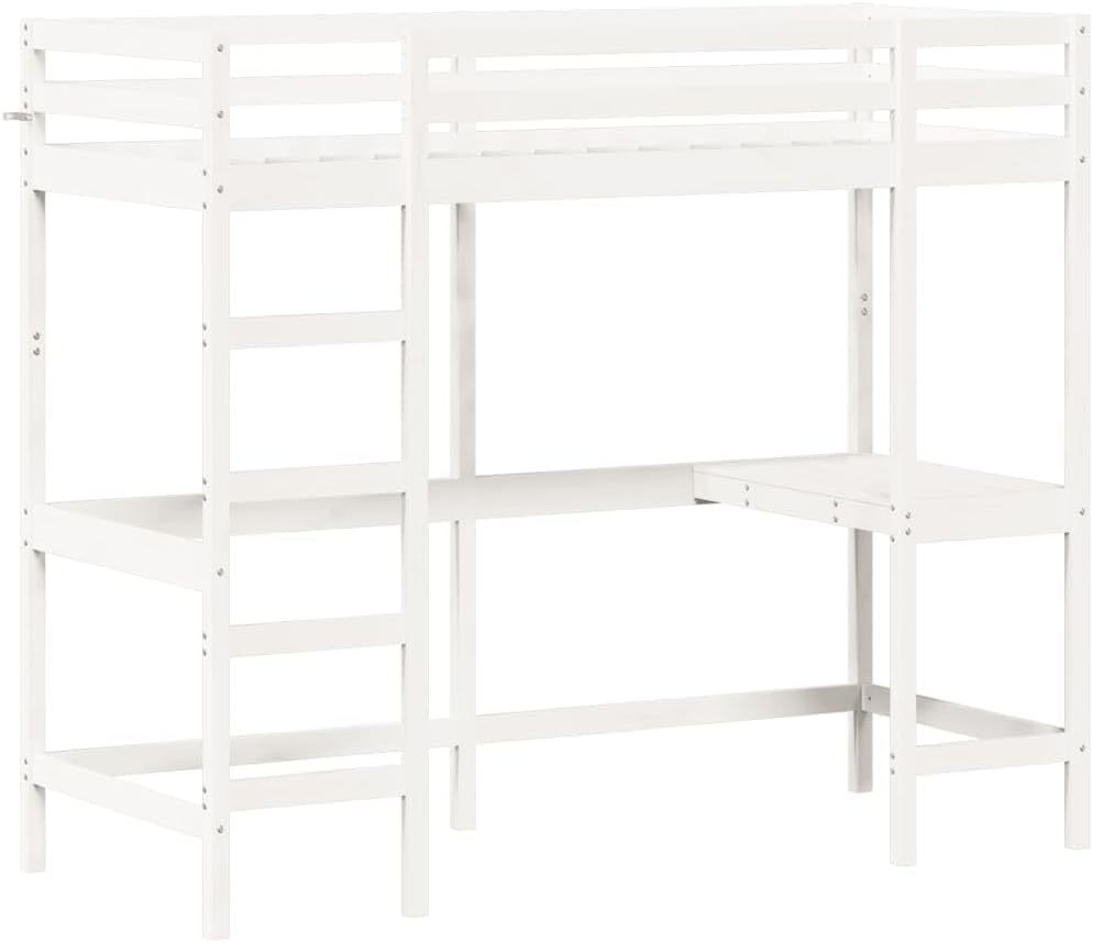 vidaXL Lit Superposé Mezzanine 80 x 200 cm Blanc en Bois de Pin Massif avec Bureau Intégré et Sommier à Lattes, Style Moderne-Luxemybase