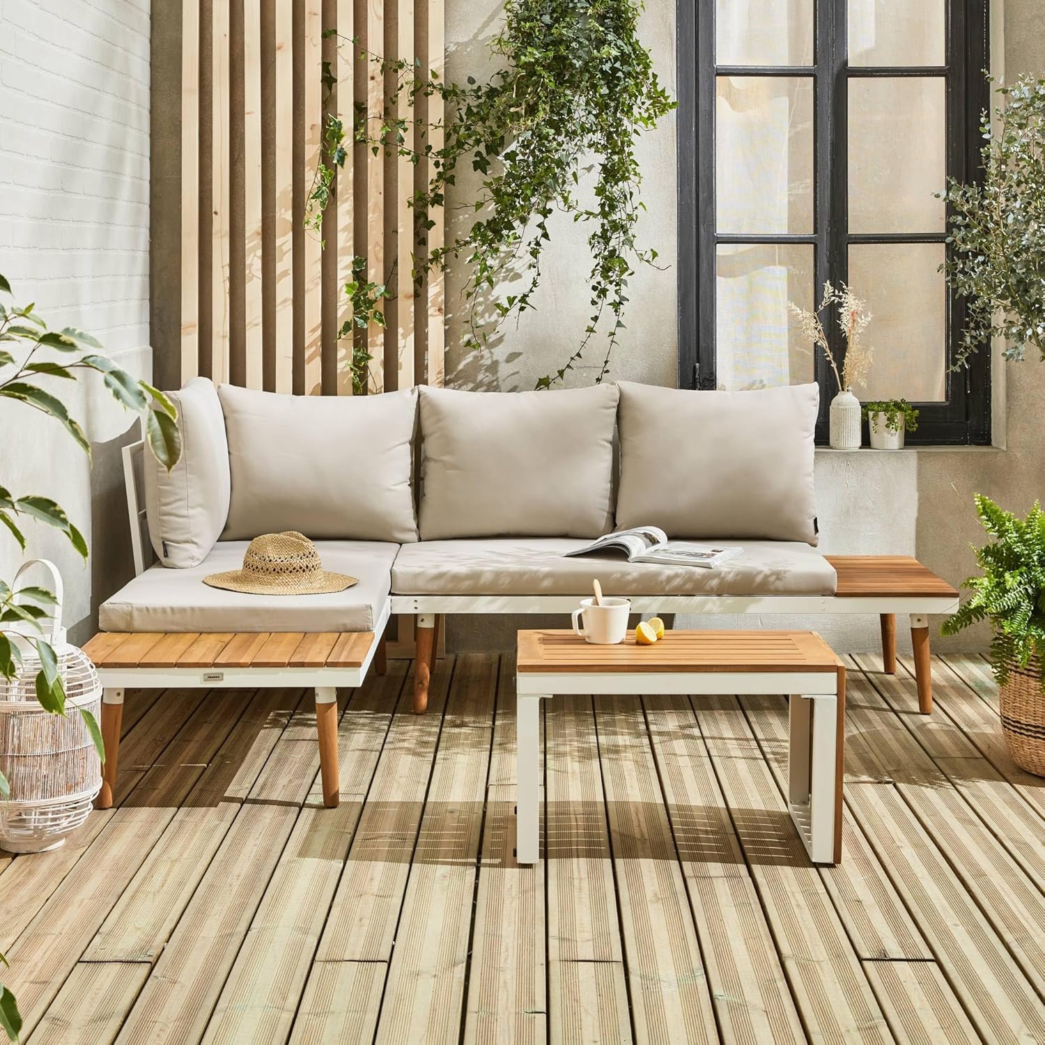 Alice's Garden Salon de Jardin Modulable 4 Places Blanc et Beige – Aluminium et Bois d’Acacia, 140 x 68 x 65 cm, 24 kg, Style Moderne Sao Paulo-Luxemybase