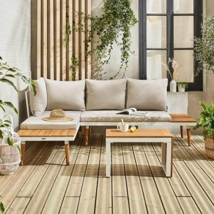 Alice's Garden Salon de Jardin Modulable 4 Places Blanc et Beige – Aluminium et Bois d’Acacia, 140 x 68 x 65 cm, 24 kg, Style Moderne Sao Paulo-Luxemybase