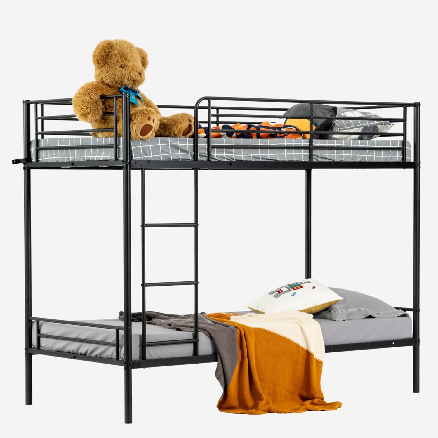 Meuble Cosy Lit Superposé 2 Personnes 90 x 190 cm Noir en Métal, Cadre de Lit Industriel avec Sommier à Lattes Inclus pour Chambre d’Enfant-Luxemybase