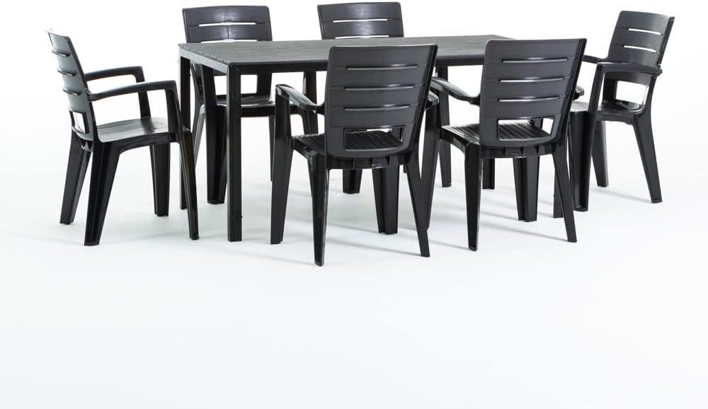 Ensemble repas de jardin 6 personnes anthracite effet bois, table rectangulaire acier peint et lattes polyéthylène 156 x 78 x 75 cm avec 6 chaises empilables 58 x 60 x 83,5 cm Thomas et Anita-Luxemybase