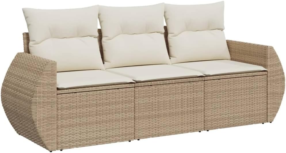 vidaXL Salon de Jardin 3 Pièces avec Coussins, Résine Tressée Beige et Crème, 3 Places, 55 x 69 cm, 110 kg max, 26 kg, Assemblage requis-Luxemybase