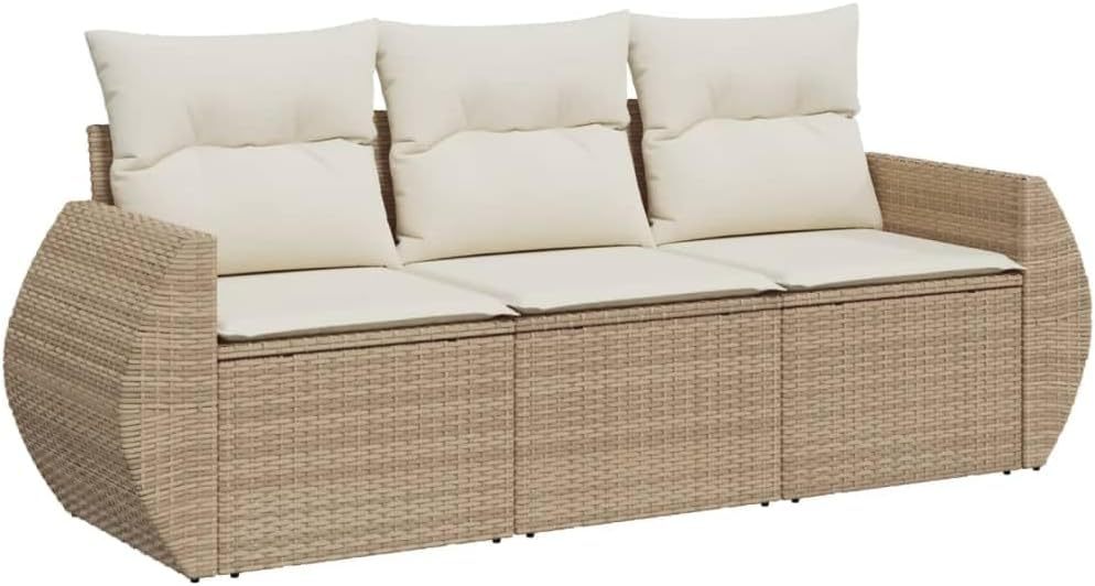 vidaXL Salon de Jardin 3 Pièces avec Coussins, Résine Tressée Beige et Crème, 3 Places, 55 x 69 cm, 110 kg max, 26 kg, Assemblage requis-Luxemybase