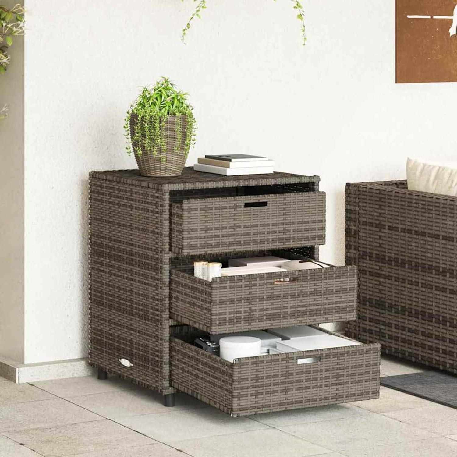 Gecheer Armoire de rangement de jardin Gris 55 x 59 x 69 cm en résine tressée 3 tiroirs Coffre extérieur pour pelouse piscine terrasse Montage au sol Base à jambes-Luxemybase