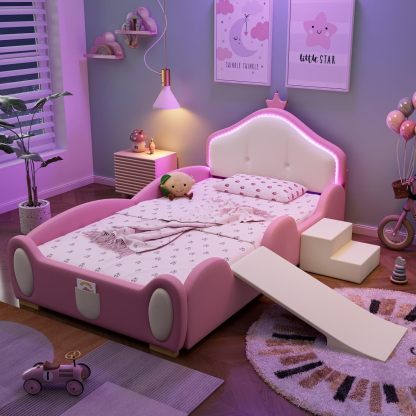KOMHTOM Lit Enfant 90 x 200 cm Rose en Bois avec LED, Barrière de Sécurité, Toboggan et Escalier, Sommier à Lattes Inclus, Design Plateforme en PU, Sans Matelas-Luxemybase