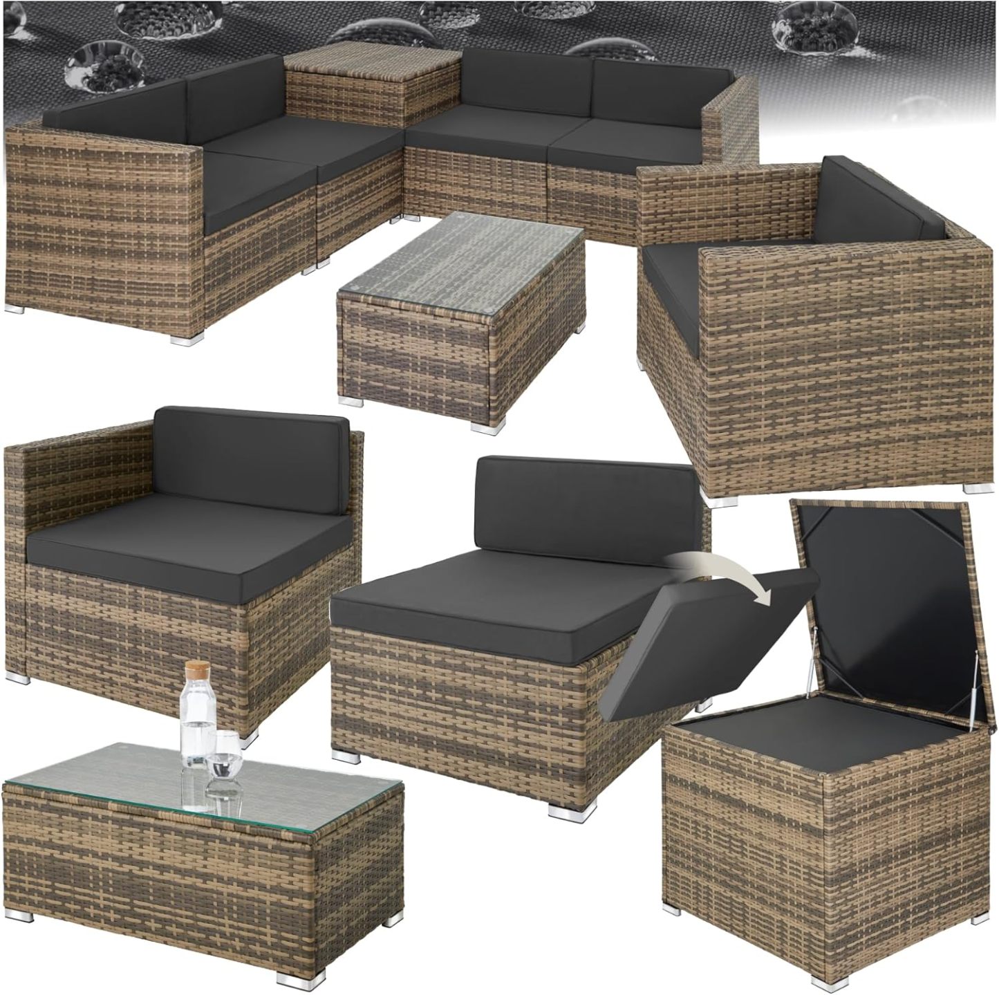 TecTake Salon de Jardin Extérieur 5 Places en Résine Tressée Marron Naturel – Modulable avec 5 Fauteuils, Coffre de Rangement et Table en Verre, 71 kg, Style Moderne-Luxemybase