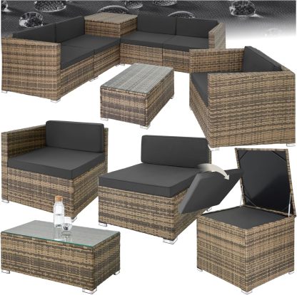 TecTake Salon de Jardin Extérieur 5 Places en Résine Tressée Marron Naturel – Modulable avec 5 Fauteuils, Coffre de Rangement et Table en Verre, 71 kg, Style Moderne-Luxemybase