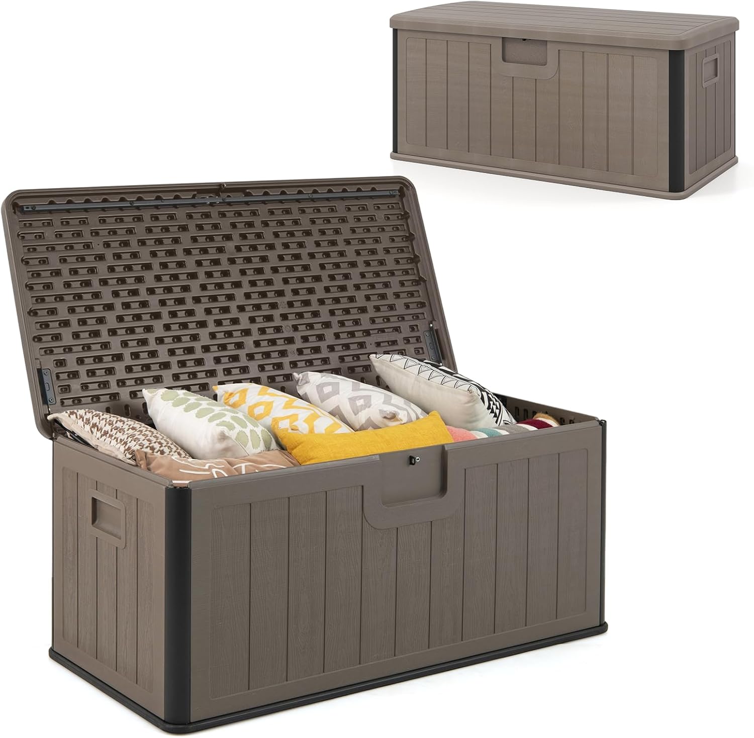 HOMASIS Coffre de Rangement Imperméable 378 L 130 x 64 x 59 cm Marron en HDPE avec Couvercle Verrouillable Banc de Jardin Charge 200 kg Intérieur et Extérieur-Luxemybase