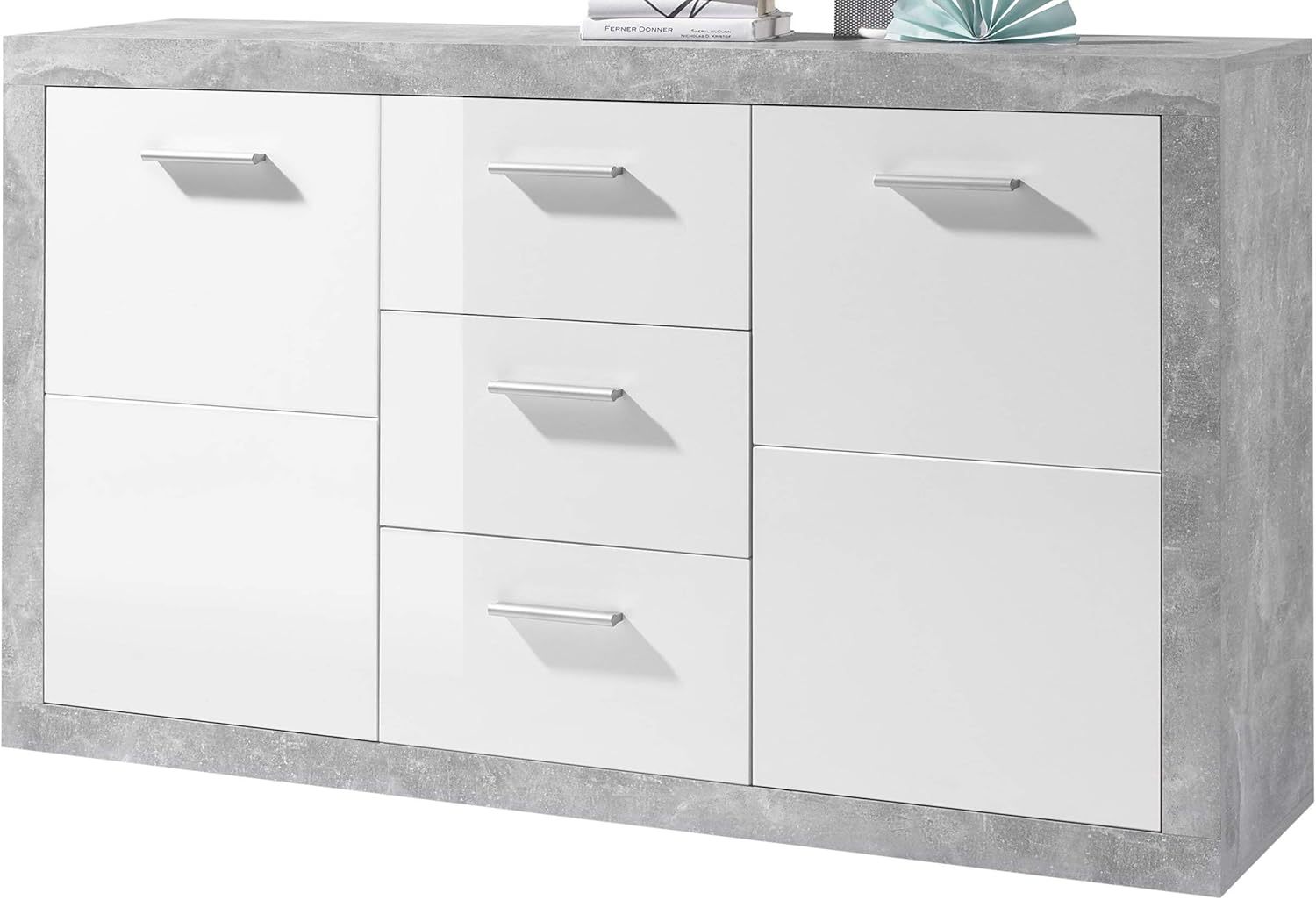Stella Trading STONE Buffet moderne 147x89x37 cm aspect béton et blanc brillant, commode avec tiroirs et grand espace de rangement, montage au sol-Luxemybase