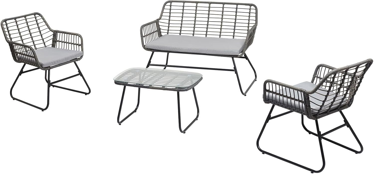 IDIMEX Salon de Jardin Extérieur Riviera 4 Personnes Noir et Gris – 1 Canapé, 2 Fauteuils avec Coussins Gris et 1 Table Basse, Résistant aux Intempéries, 118 x 69 x 82 cm, Assemblage Requis-Luxemybase