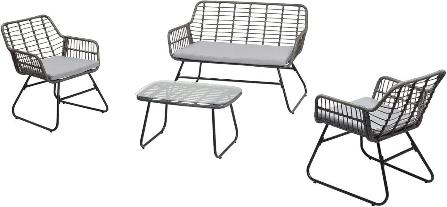 IDIMEX Salon de Jardin Extérieur Riviera 4 Personnes Noir et Gris – 1 Canapé, 2 Fauteuils avec Coussins Gris et 1 Table Basse, Résistant aux Intempéries, 118 x 69 x 82 cm, Assemblage Requis-Luxemybase