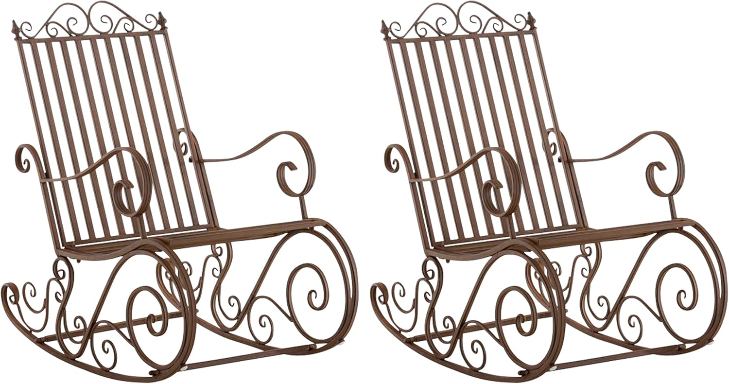CLP Lot de 2 fauteuils à bascule Smilla en fer forgé marron, rocking chairs extérieur avec dossier haut et accoudoirs, résistants aux intempéries-Luxemybase