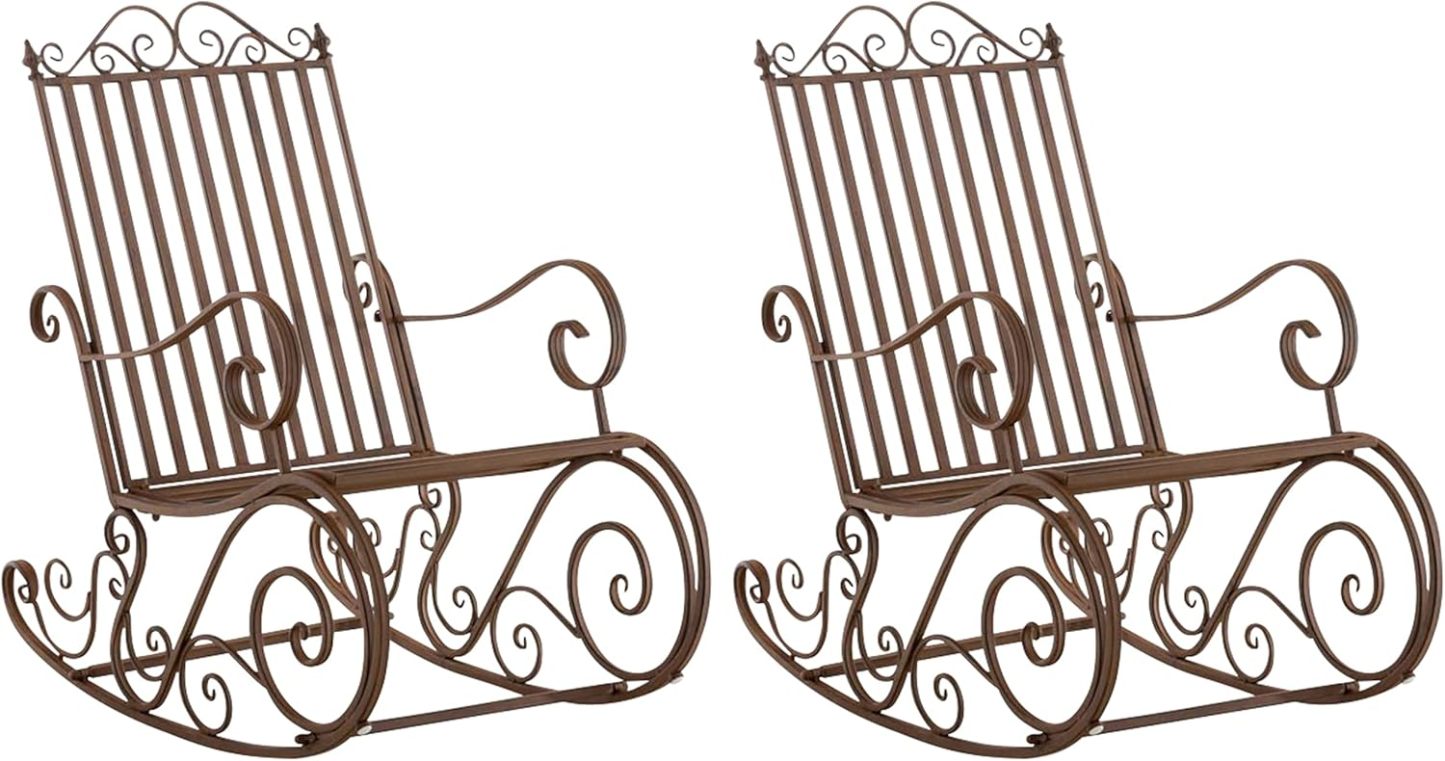 CLP Lot de 2 fauteuils à bascule Smilla en fer forgé marron, rocking chairs extérieur avec dossier haut et accoudoirs, résistants aux intempéries-Luxemybase