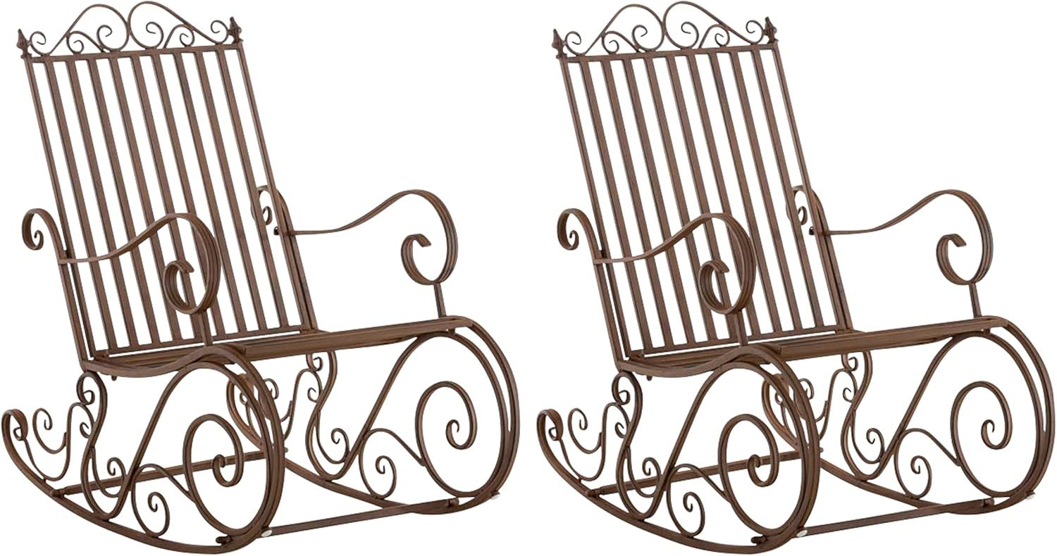 CLP Lot de 2 fauteuils à bascule Smilla en fer forgé marron, rocking chairs extérieur avec dossier haut et accoudoirs, résistants aux intempéries-Luxemybase