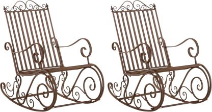 CLP Lot de 2 fauteuils à bascule Smilla en fer forgé marron, rocking chairs extérieur avec dossier haut et accoudoirs, résistants aux intempéries-Luxemybase