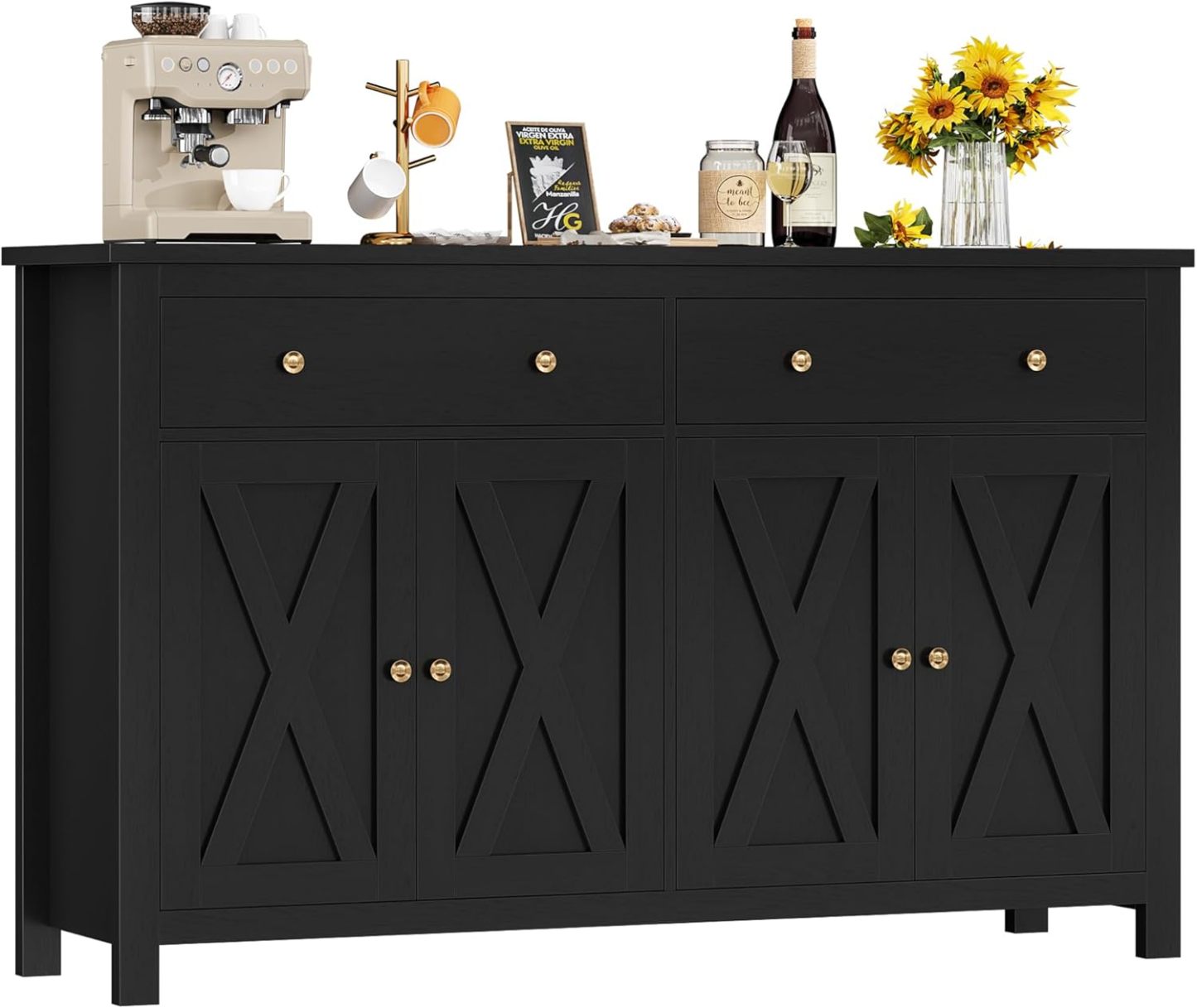 FirFurd Buffet Cuisine 140x89x40 cm noir, meuble de rangement avec 4 portes 2 tiroirs et étagères réglables, design moderne motif X-Luxemybase