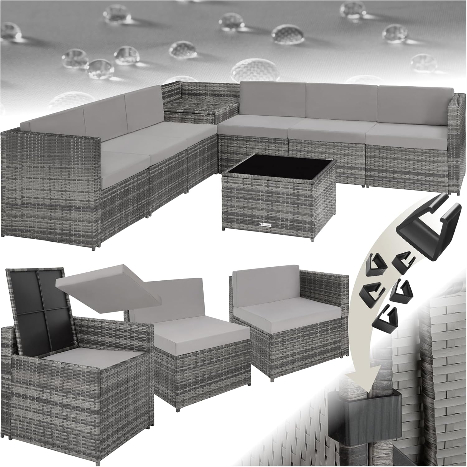 TecTake Salon de Jardin Extérieur 6 Places en Résine Tressée Gris – Modulable avec 6 Fauteuils, Coffre de Rangement et Table en Verre, 306 x 190 x 66 cm, 71,6 kg, Style Moderne-Luxemybase