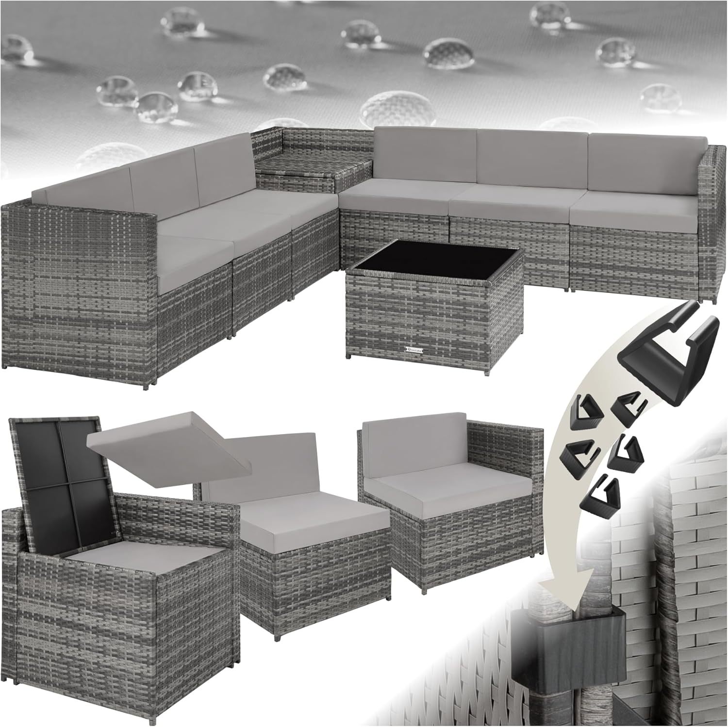 TecTake Salon de Jardin Extérieur 6 Places en Résine Tressée Gris – Modulable avec 6 Fauteuils, Coffre de Rangement et Table en Verre, 306 x 190 x 66 cm, 71,6 kg, Style Moderne-Luxemybase