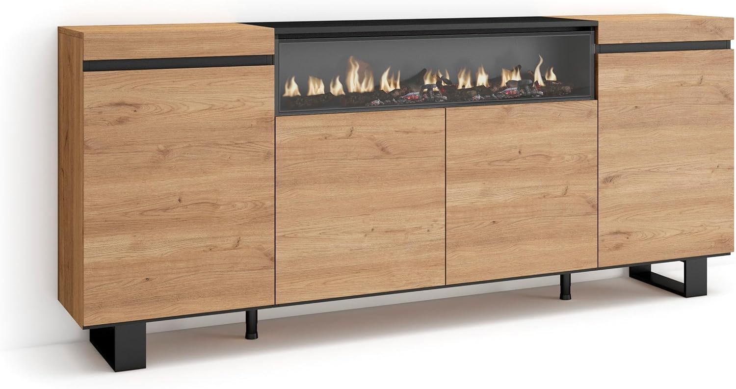 Skraut Home Buffet 200x87x35 cm avec cheminée électrique, meuble de rangement 4 portes design industriel moderne chêne et noir, montage au sol-Luxemybase