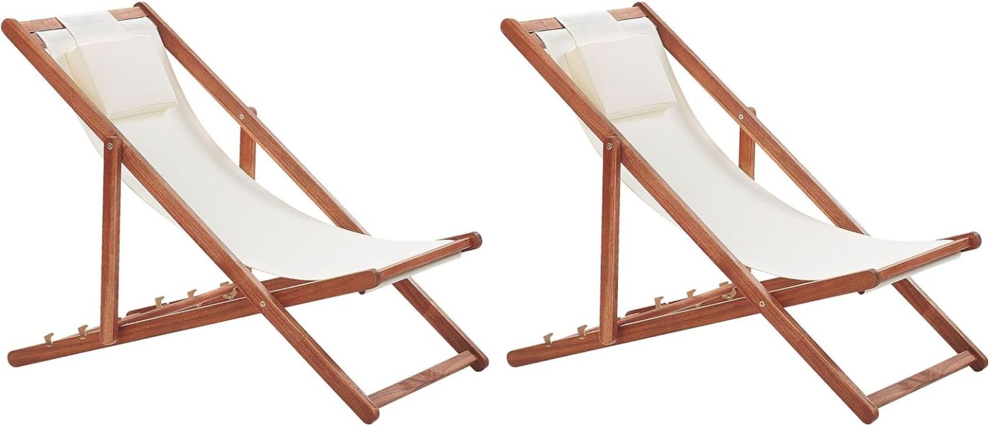 Lot de 2 chiliennes pliantes Avellino en bois d’acacia foncé avec toiles blanches interchangeables-Luxemybase