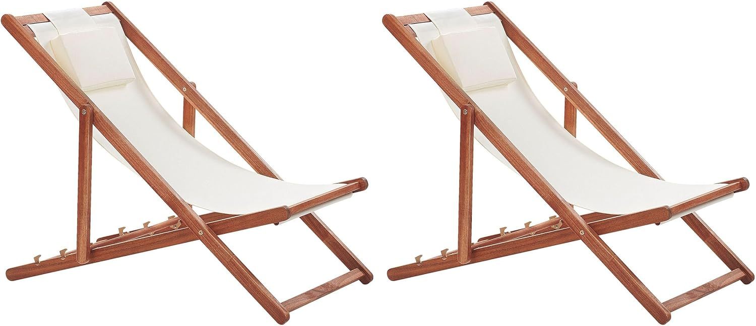 Lot de 2 chiliennes pliantes Avellino en bois d’acacia foncé avec toiles blanches interchangeables-Luxemybase