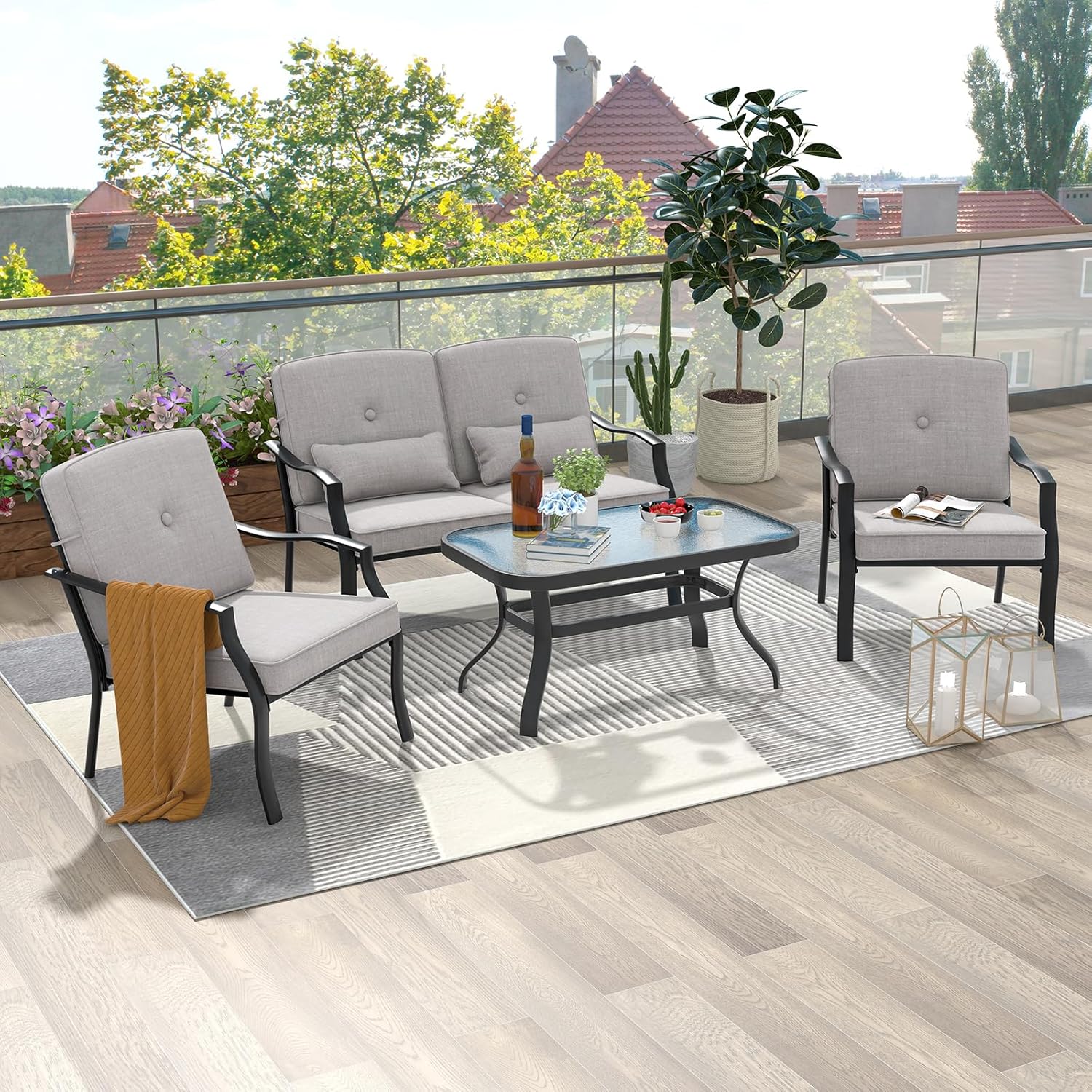 GOPLUS Salon de Jardin Extérieur 4 Personnes Gris – Ensemble 4 Pièces avec Canapé 2 Places, 2 Fauteuils et Table Basse en Verre Trempé, Style Contemporain, Charge 300 kg, 36,5 kg-Luxemybase