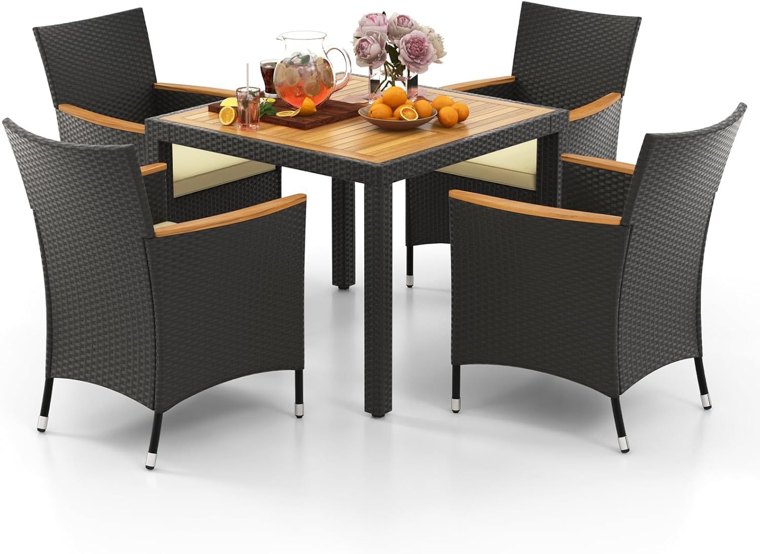 GIANTEX Ensemble de Salon de Jardin en Rotin PE 5 Pièces Noir – 4 Chaises avec Coussins Amovibles et Table en Bois d’Acacia avec Trou pour Parasol Ø 5 cm, 4 Personnes, 41 kg, Style Moderne-Luxemybase