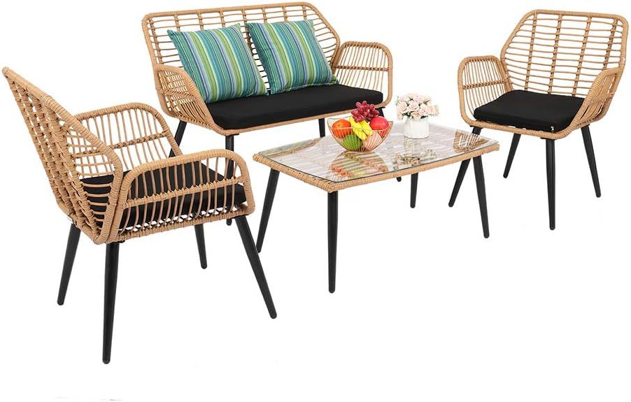 Alightup Salon de Jardin Extérieur en Résine Tressée Jaune – Ensemble 4 Meubles avec 3 Canapés, Table en Verre Trempé et Coussins Amovibles, Osier Tressé à la Main, Large, Assemblage Requis-Luxemybase