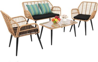 Alightup Salon de Jardin Extérieur en Résine Tressée Jaune – Ensemble 4 Meubles avec 3 Canapés, Table en Verre Trempé et Coussins Amovibles, Osier Tressé à la Main, Large, Assemblage Requis-Luxemybase