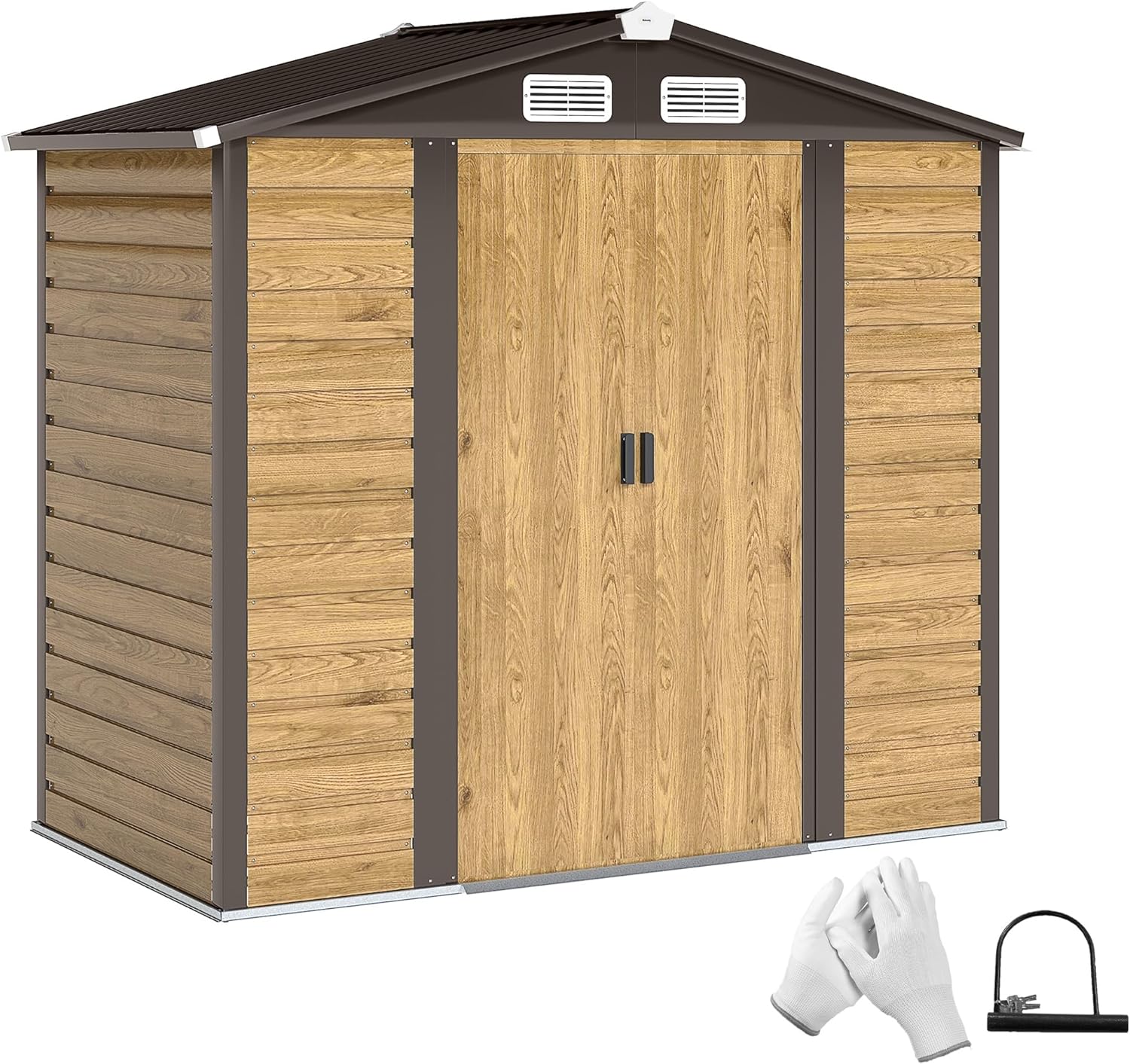 Outsunny Abri de jardin en métal 213 x 120 x 194 cm Chêne Acier galvanisé 2,36 m² Portes doubles coulissantes avec serrure Imperméable Avec kit de fondation-Luxemybase