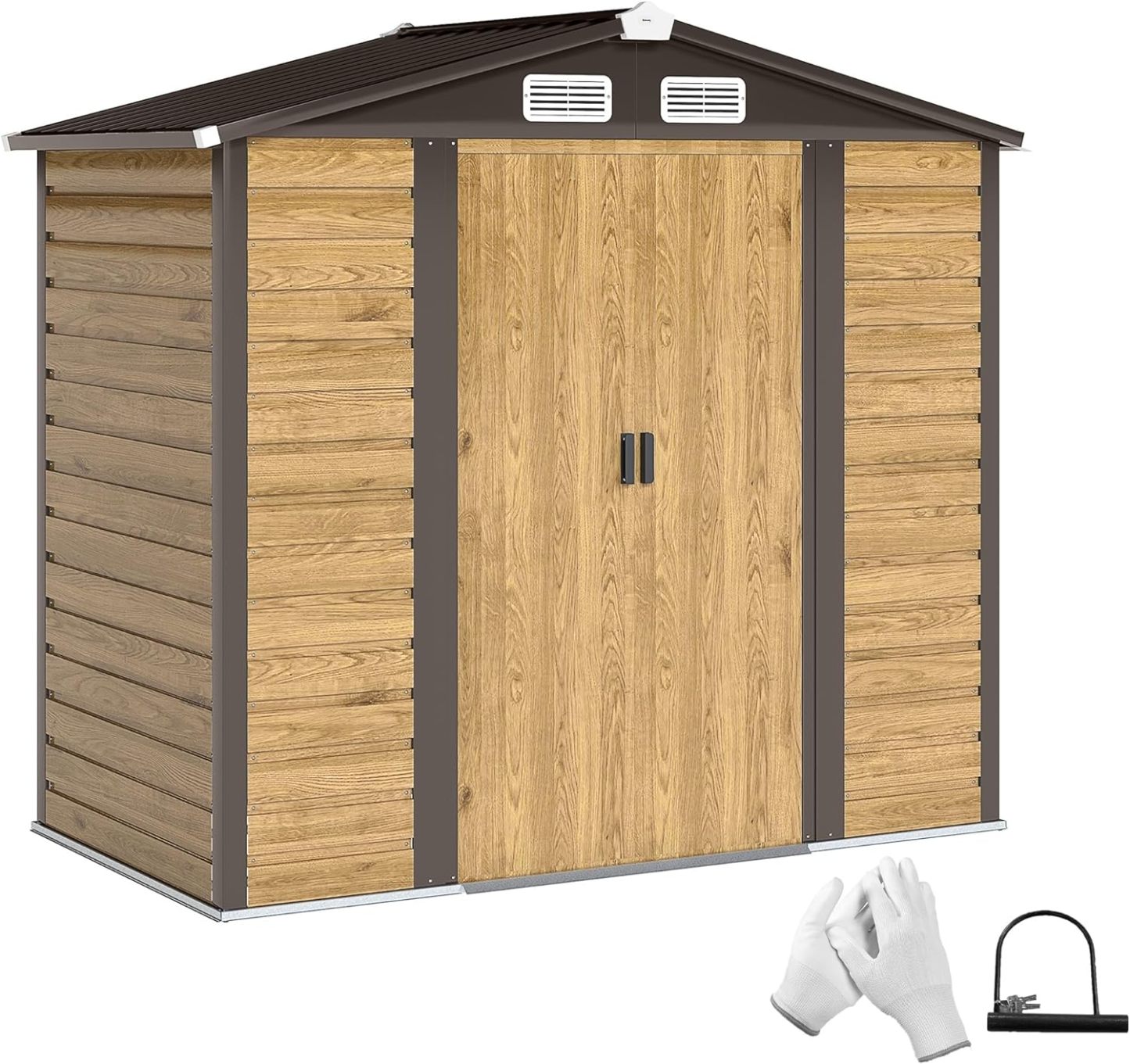 Outsunny Abri de jardin en métal 213 x 120 x 194 cm Chêne Acier galvanisé 2,36 m² Portes doubles coulissantes avec serrure Imperméable Avec kit de fondation-Luxemybase