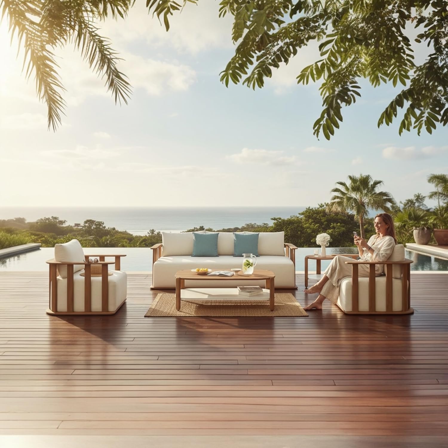 Salon de Jardin Haut de Gamme Roma 5 Places en Teck Massif, Beige, Rectangulaire, Style Contemporain, Léger, Sans Assemblage-Luxemybase